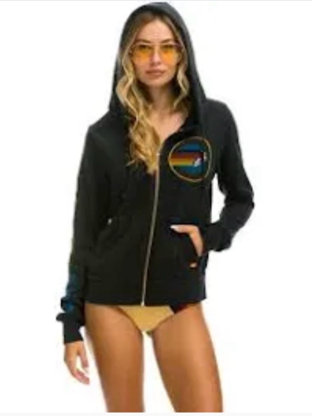 Aviator Nation Blue Zip Hoodie with Multicolor Chest Stripe Patch NEW